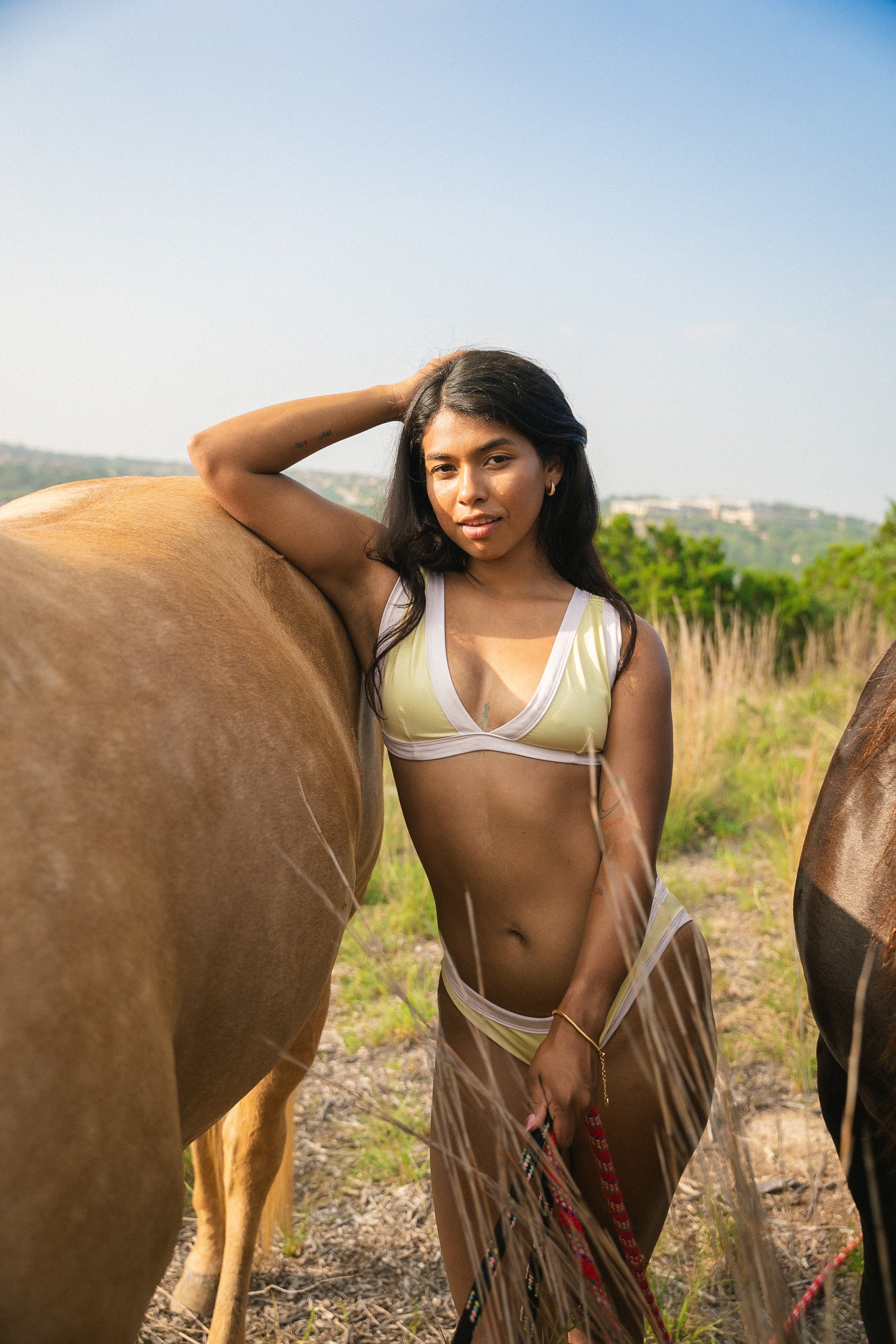 Woman in a yellow and ivory bikini set standing next to a horse with a scenic background